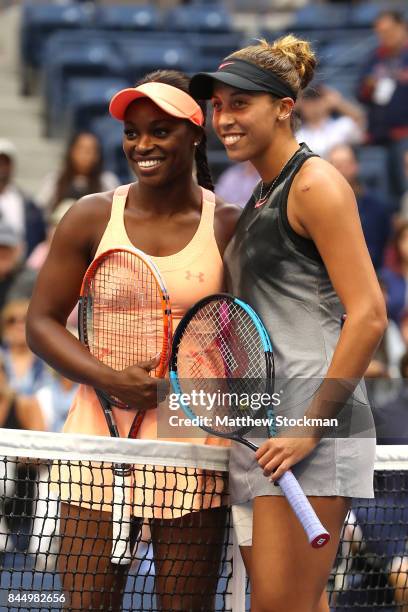 Sloane Stephens of the United States and Madison Keys of the United States pose before their Women's Singles finals match on Day Thirteen of the 2017...