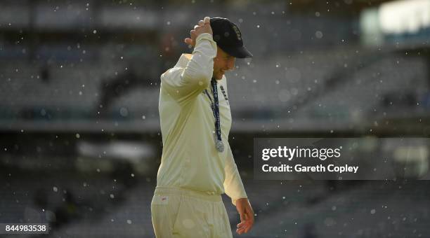 England captain Joe Root walks across the outfield after winning the 3rd Investec Test match between England and the West Indies at Lord's Cricket...