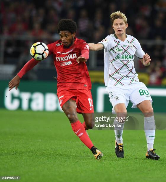 Luiz Adriano FC Spartak Moscow vies for the ball with Yegor Sorokin of FC Rubin Kazan during the Russian Premier League match between FC Spartak...