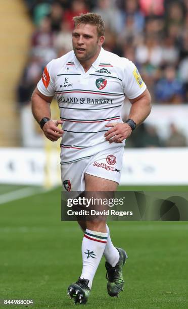 Tom Youngs of Leicester looks on during the Aviva Premiership match between Northampton Saints and Leicester Tigers at Franklin's Gardens on...