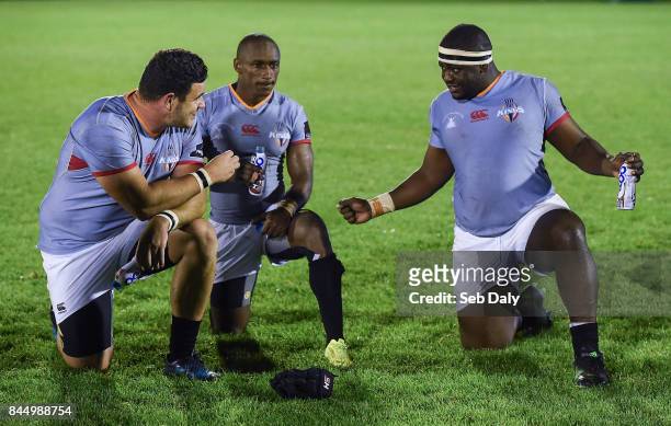 Galway , Ireland - 9 September 2017; Southern Kings players, from left, Stephan Coetzee, Masixole Banda and Luvuyo Pupuma following their side's...