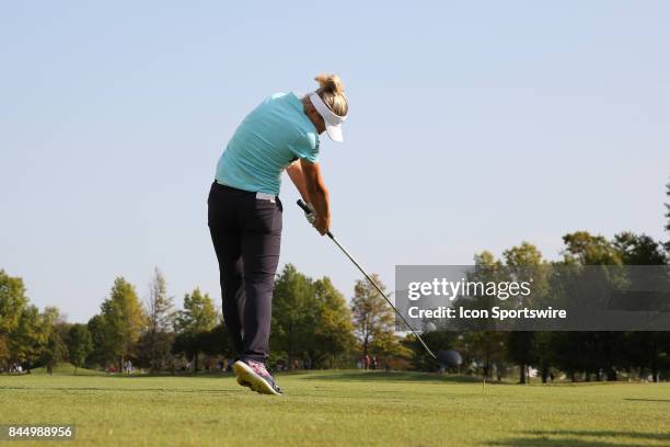 Golfer Brooke Henderson tees off on the first hole during the final round of the Indy Women In Tech on September 9, 2017 at the Brickyard Crossing...