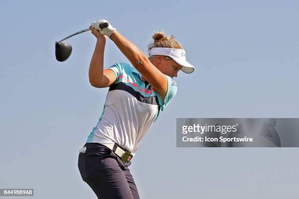 Golfer Brooke Henderson tees off on the first hole during the final round of the Indy Women In Tech on September 9, 2017 at the Brickyard Crossing...