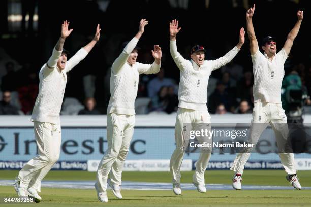 Ben Stokes, Tom Westley, Joe Root and Alastair Cook celebrate during England v West Indies - 3rd Investec Test: Day Three at Lord's Cricket Ground on...