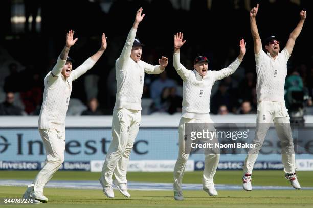 Ben Stokes, Tom Westley, Joe Root and Alastair Cook celebrate during England v West Indies - 3rd Investec Test: Day Three at Lord's Cricket Ground on...