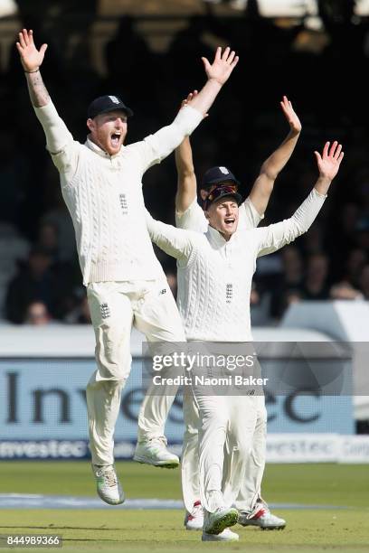 Ben Stokes and Joe Root celebrate during England v West Indies - 3rd Investec Test: Day Three at Lord's Cricket Ground on September 9, 2017 in...
