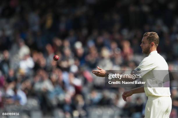 Stuart Broad catches the ball during England v West Indies - 3rd Investec Test: Day Three at Lord's Cricket Ground on September 9, 2017 in London,...