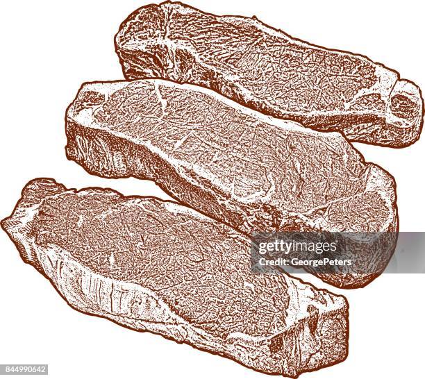 aged steaks ready for grilling - strip steak stock illustrations