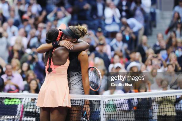 Sloane Stephens of the United States hugs Madison Keys of the United States after their Women's Singles finals match on Day Thirteen of the 2017 US...