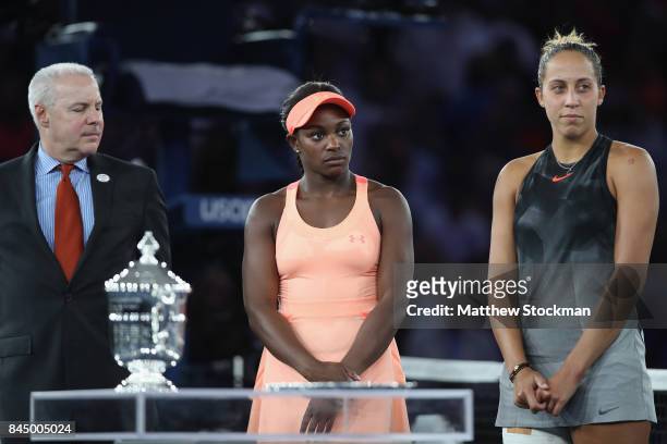 Sloane Stephens of the United States and Madison Keys of the United States pose during the trophy presentation after the Women's Singles finals match...