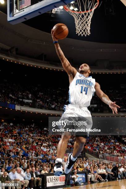 Jameer Nelson of the Orlando Magic shoots against the Indiana Pacers during the game on January 27, 2009 at Amway Arena in Orlando, Florida. NOTE TO...