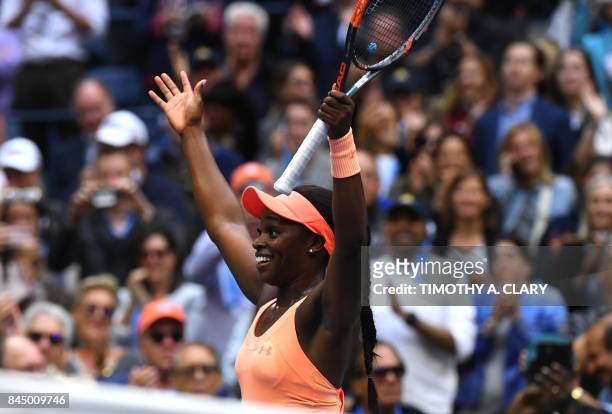 Sloane Stephens of the US celebrates victory over compatriot Madison Keys in their 2017 US Open Women's Singles final match at the USTA Billie Jean...