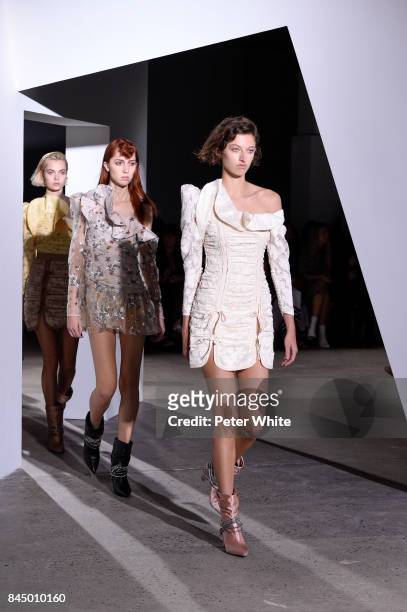Amber Witcomb and Teddy Quinlivan walk the runway at the Self-Portrait Spring Summer 2018 Front Row during New York Fashion Week on September 9, 2017...