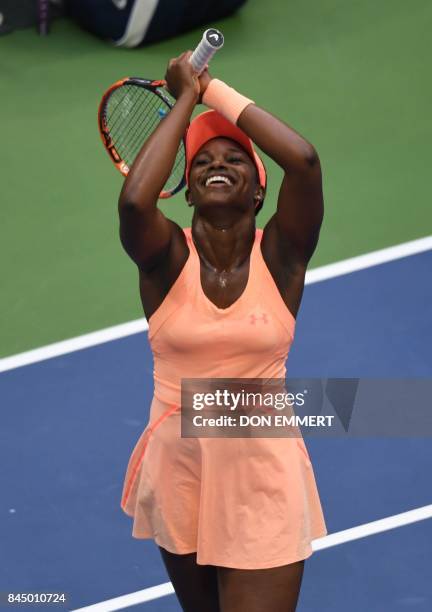 Sloane Stephens of the US celebrates her victory over compatriot Madison Keys in their US Open Women's Singles Final match Septmber 9, 2017 at the...