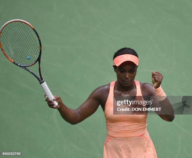 Sloane Stephens of the US celebrates her victory over compatriot Madison Keys in their US Open Women's Singles Final match Septmber 9, 2017 at the...