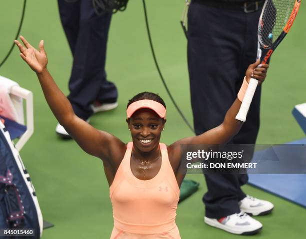 Sloane Stephens of the US celebrates her victory over Madison Keys of the US during their US Open Women's Singles Final match Septmber 9, 2017 at the...