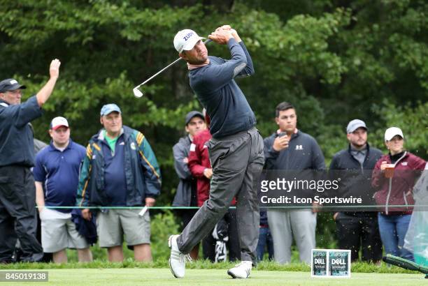 Lucas Glover, of the United States, drives from the 8th tee during the third round of the Dell Technologies Championship on September 3 at TPC Boston...
