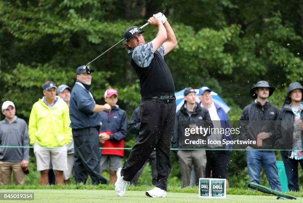 Pat Perez, of the United States, hits from the 8th tee during the third round of the Dell Technologies Championship on September 3 at TPC Boston in...