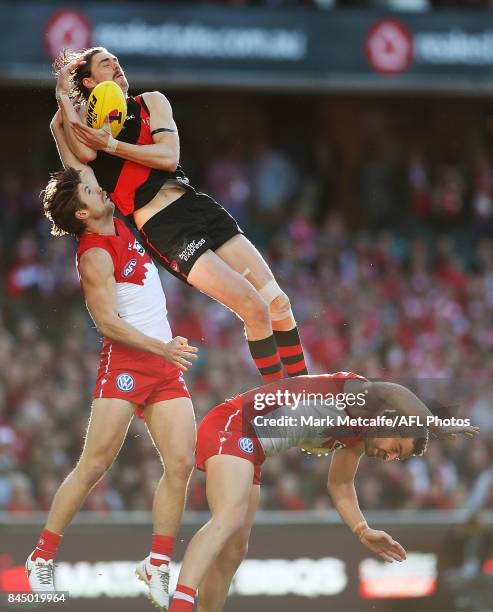 Joe Daniher of the Bombers marks the ball during the AFL Second Elimination Final match between the Sydney Swans and the Essendon Bombers at Sydney...