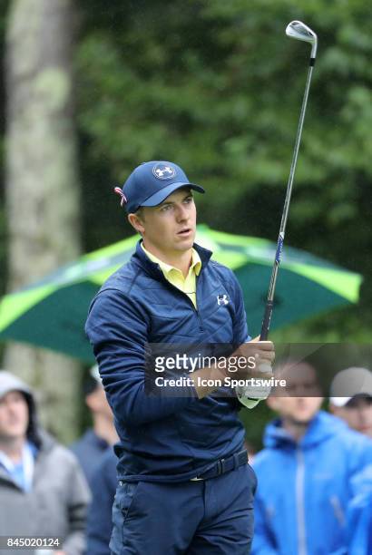 Jordan Spieth, of the United States, during the third round of the Dell Technologies Championship on September 3 at TPC Boston in Norton,...