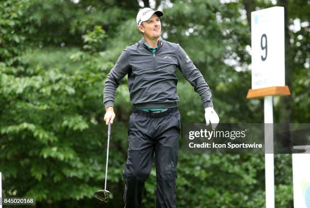 Justin Rose, of England, watches his drive on 9 during the third round of the Dell Technologies Championship on September 3 at TPC Boston in Norton,...