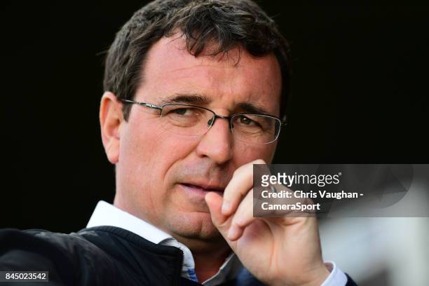 Blackpool manager Gary Bowyer during the Sky Bet League One match between Scunthorpe United and Blackpool at Glanford Park on September 9, 2017 in...