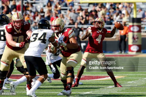Boston College quarterback Darius Wade passes during an ACC match-up between the Boston College Eagles and the Wake Forest Demon Deacons on September...