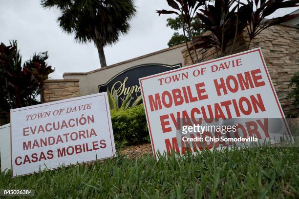 Mandatory evacuation notices are placed at the entrance of the Sunshine Village mobile home community ahead of the arrival of Hurricane Irma...