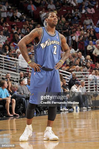 DeShawn Stevenson of the Washington Wizards stands on the court during the game against the Orlando Magic on November 8, 2008 at Amway Arena in...