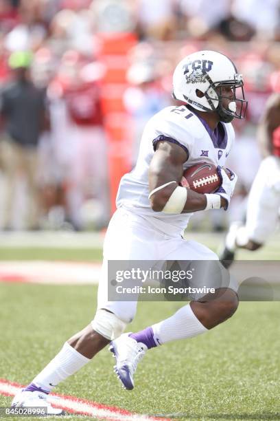 Horned Frog Kyle Hicks runs the ball in the game between the TCU horned Frogs and the Arkansas Razorbacks on September 9, 2017 at Donald W. Reynolds...