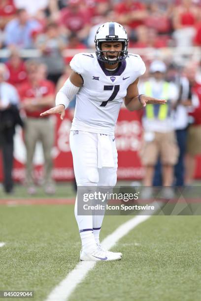 Horned Frog Kenny Hill signals a play to his offense in the game between the TCU horned Frogs and the Arkansas Razorbacks on September 9, 2017 at...