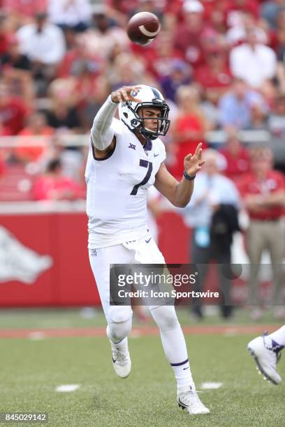 Horned Frog Kenny Hill drops back to pass in the game between the TCU horned Frogs and the Arkansas Razorbacks on September 9, 2017 at Donald W....
