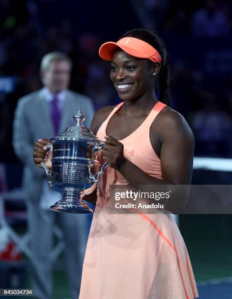 Sloane Stephens of USA poses for a photo with the 2017 US Open Tennis Championships trophy after winning the Women's Singles Final tennis match...