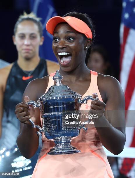 Sloane Stephens of USA poses for a photo with the 2017 US Open Tennis Championships trophy after winning the Women's Singles Final tennis match...