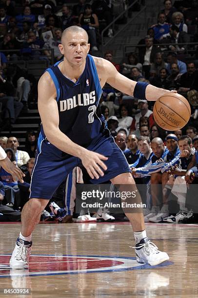 Jason Kidd of the Dallas Mavericks moves the ball up court during the game against the Detroit Pistons at the Palace of Auburn Hills on January 23,...