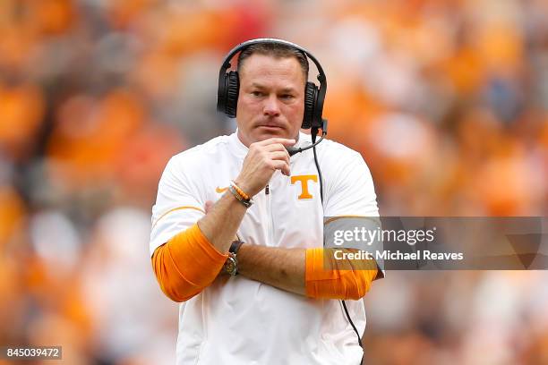 Head coach Butch Jones of the Tennessee Volunteers looks on during the second half of the game against the Indiana State Sycamores at Neyland Stadium...