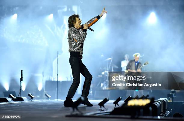 Mick Jagger of The Rolling Stones performs during the opening night of their European Tour "No filter" at Stadtpark Festwiese on September 9, 2017 in...