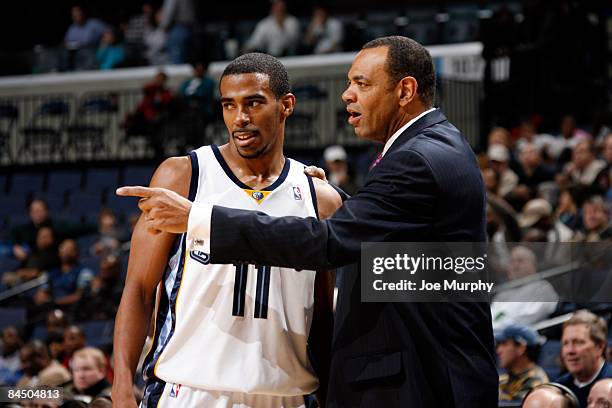 Head coach Lionel Hollins talks with Mike Conley of the Memphis Grizzlies in a game against the Denver Nuggets at FedExForum January 27, 2009 in...