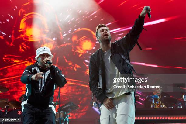 Arnim Teutoburg-Weiss of the Beatsteaks and Marteria perform live on stage during the first day of the Lollapalooza Berlin music festival on...