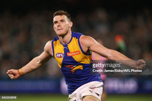 Luke Shuey of the Eagles celebrate the winning goal during the AFL First Elimination Final match between Port Adelaide Power and West Coast Eagles at...