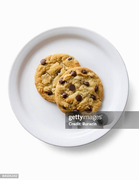2 chocolate chip cookies on a plate - indulgence white background stockfoto's en -beelden