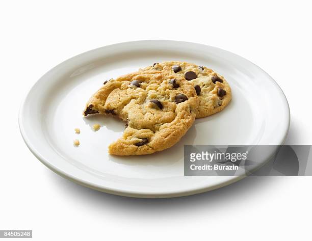 2 chocolate chip cookies on a plate - chocolate chip cookie on white stock pictures, royalty-free photos & images