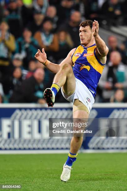 Luke Shuey of the Eagles kicks the winning goal after the siren during the AFL First Elimination Final match between Port Adelaide Power and West...