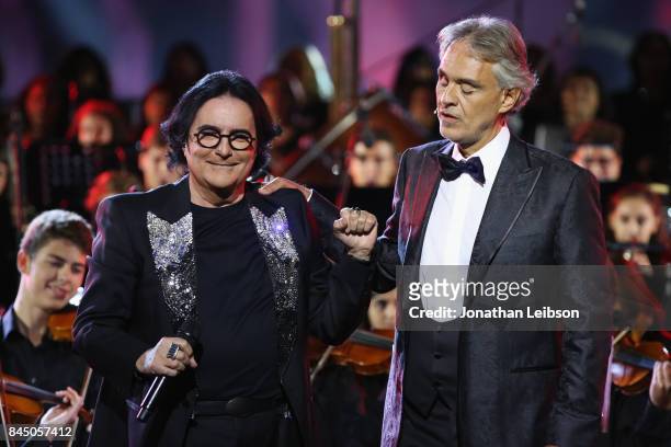 Renato Zero and Andrea Bocelli perform at the Andrea Bocelli show as part of the 2017 Celebrity Fight Night in Italy Benefiting The Andrea Bocelli...