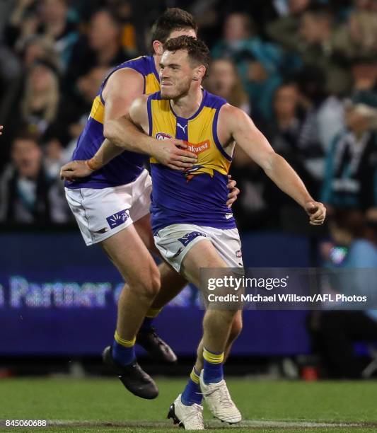 Luke Shuey of the Eagles celebrates kicking the winning goal with team mates during the AFL First Elimination Final match between Port Adelaide Power...