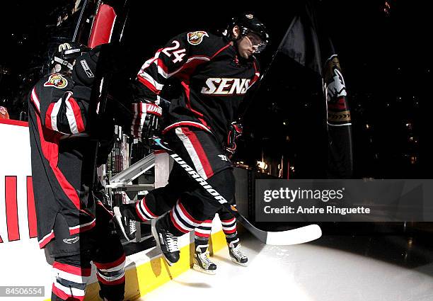 Anton Volchenkov of the Ottawa Senators steps onto the ice during player introductions prior to a game against the New Jersey Devils at Scotiabank...