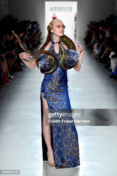 Model walks the runway at the Namilia fashion show during New York Fashion Week: The Shows at Gallery 3, Skylight Clarkson Sq on September 9, 2017 in...