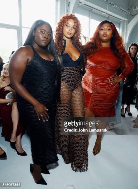 Danielle Brooks, Jillian Harvey and Lizzo attend the Christian Siriano collection during the September 2017 New York Fashion Week: The Shows at Pier...
