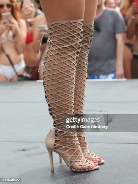 Recording artist Bebe Rexha, shoes detail, performs at the Flamingo Go pool at Flamingo Las Vegas on September 9, 2017 in Las Vegas, Nevada.