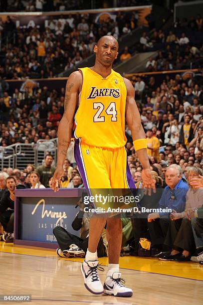 Kobe Bryant of the Los Angeles Lakers reacts during a game against the Charlotte Bobcats at Staples Center on January 27, 2009 in Los Angeles,...